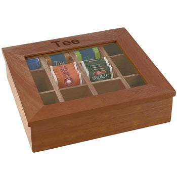 Pudełko na herbatę - drewno - 12 przegródek - z okienkiem i grawerunkiem - ciemny brąz - Prime Gastro