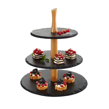 Etagère - 3-poziomowa - Okrągła - Drewniana rama - Półki z łupka - Prime Gastro