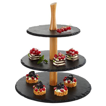 Etagère - 3-poziomowa - Okrągła - Drewniana rama - Półki z łupka - Prime Gastro