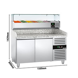 Stół chłodniczy do pizzy ECO – 1500 x 800 mm – z 2 drzwiami – z witryną nadstawną chłodniczą na 6x GN 1/3
