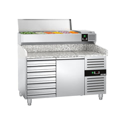 Stół chłodniczy do pizzy PREMIUM - 1500x800mm - z 1 drzwiami i 7 szufladami - włącznie z witryną chłodniczą nadstawną - 6x GN 1/3