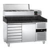 Commercial Pizza Prep Counter - Granite Top PREMIUM - 1500x800mm - with 1 doors & 7 drawers - incl. refrigerated topping unit - 7x GN 1/4