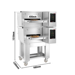 (2 szt.) Elektryczny piec przelotowy do pizzy - 980x1300 mm - cyfrowy - szerokość taśmy: 400 mm - włącznie z ramą podstawy