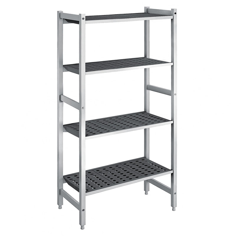 Regał aluminiowo‑polipropylenowy - 660x460x1800mm - 4 półek - Nośność: 900kg - z polipropylenowymi nakładkami, odporne na -30°C do 90°C, przestawne co 150mm - w zestawie: 2 stojaki regałowe, 8 poprzeczek, 4 półki