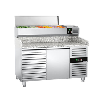 Stół chłodniczy do pizzy PREMIUM - 1500x800mm - z 1 drzwiami i 7 szufladami - włącznie z witryną chłodniczą nadstawną - 7x GN 1/4 - Prime Gastro