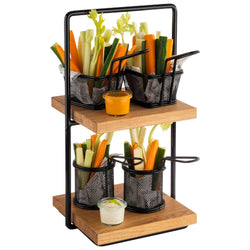 Etagère - 2 - poziomowa - PERFECTO SMALL - Kwadratowa - Metalowa rama - Dębowe półki