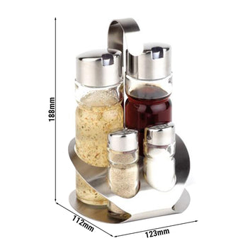 (6 sztuk) Zestaw do przypraw - PRO - stojak ze stali nierdzewnej - w zestawie 4 szklane pojemniki - Prime Gastro