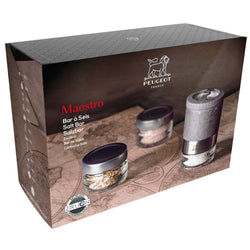 (6 sztuk) PEUGEOT | MAESTRO – solniczka – u'Select – drewno – grafit – wysokość: 110 mm – w zestawie trzy szklane pojemniki na sól klasy premium