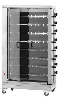 Elektryczny grill do kurczaków – płyta ceramiczna – 38,4 kW – z 8 rożnami, mieszczącymi do 48 kurczaków