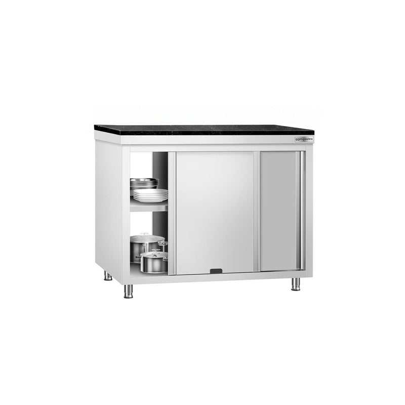 Szafka robocza ze stali nierdzewnej PREMIUM – 1200 x 600 mm – z okienkiem podawczym – wraz z blatem granitowym