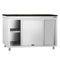 Szafka robocza ze stali nierdzewnej PREMIUM – 1400 x 600 mm – z okienkiem – wraz z blatem granitowym