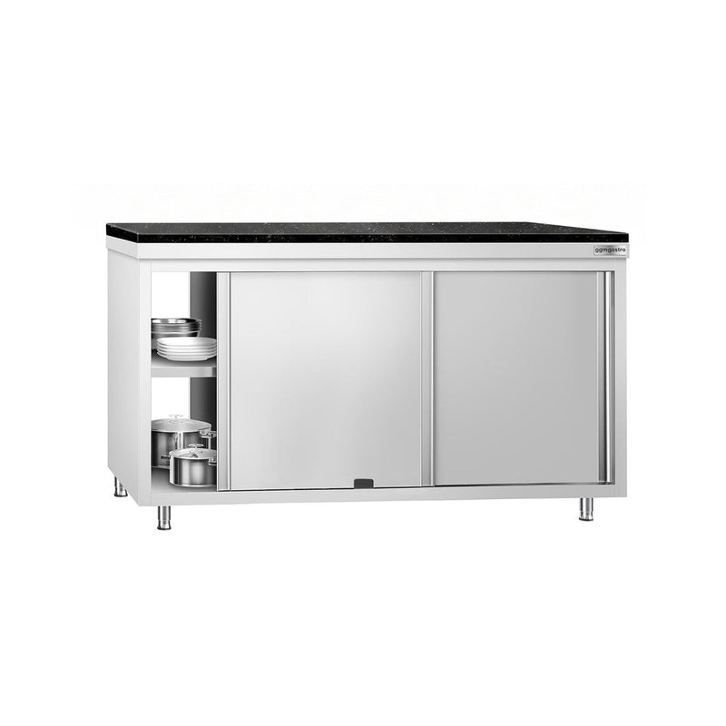 Szafka robocza ze stali nierdzewnej PREMIUM – 1600 x 600 mm – z okienkiem – wraz z blatem granitowym