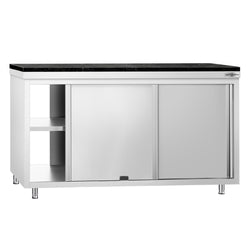 Szafka robocza ze stali nierdzewnej PREMIUM – 1600 x 600 mm – z okienkiem – wraz z blatem granitowym