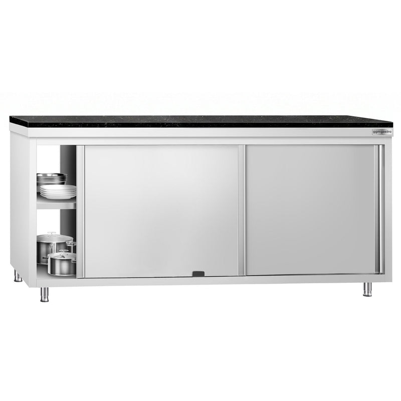 Szafka robocza ze stali nierdzewnej PREMIUM – 2000 x 600 mm – z okienkiem podawczym – wraz z blatem granitowym