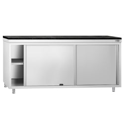 Szafka robocza ze stali nierdzewnej PREMIUM – 2000 x 600 mm – z okienkiem podawczym – wraz z blatem granitowym