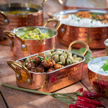 (6 sztuk) MinI patelnia do serwowania - MUMBAI - nierdzewna - 0,25 litra - 125x85mm - miedź - Prime Gastro