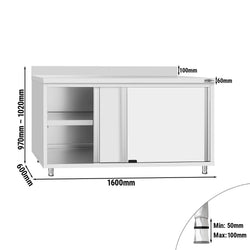 Szafka robocza ECO – stal nierdzewna – 1600 x 600 mm – z drzwiami przesuwnymi i rantem