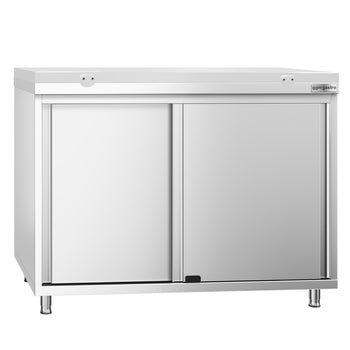 Szafka robocza ze stali nierdzewnej PREMIUM - 1000 x 700 mm - z drzwiami przesuwnymi - w zestawie deska do krojenia w kolorze białym - Prime Gastro