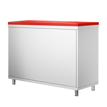 Szafka robocza ze stali nierdzewnej PREMIUM - 1000 x 600 mm - z drzwiami przesuwnymi - wraz z deską do krojenia w kolorze czerwonym - Prime Gastro