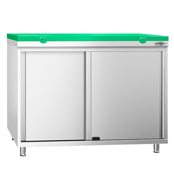 Szafka robocza ze stali nierdzewnej PREMIUM - 1000 x 800 mm - z drzwiami przesuwnymi, z deską do krojenia, zielona - Prime Gastro