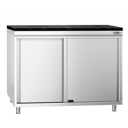 Szafka robocza ze stali nierdzewnej PREMIUM – 1000 x 600 mm – z drzwiami przesuwnymi – wraz z blatem granitowym