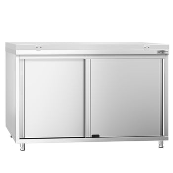 Szafka robocza ze stali nierdzewnej PREMIUM - 1200 x 800 mm - z drzwiami przesuwnymi - w zestawie deska do krojenia w kolorze białym - Prime Gastro