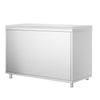 Szafka robocza PREMIUM – stal nierdzewna – 1200 x 600 mm – z drzwiami przesuwnymi – z białą deską do krojenia