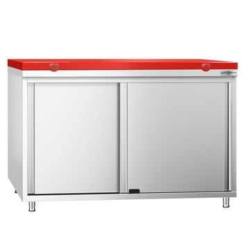 Szafka robocza ze stali nierdzewnej PREMIUM - 1200 x 600 mm - z drzwiami przesuwnymi - wraz z deską do krojenia w kolorze czerwonym - Prime Gastro