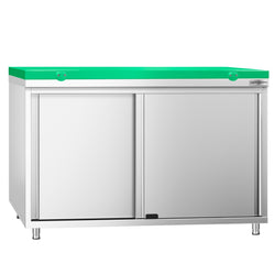 Szafka robocza ze stali nierdzewnej PREMIUM - 1200 x 600 mm - z drzwiami przesuwnymi - wraz z deską do krojenia w kolorze zielonym