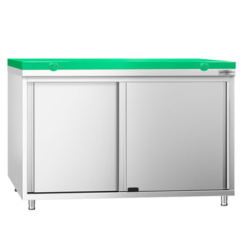 Szafka robocza ze stali nierdzewnej PREMIUM - 1200 x 700 mm - z drzwiami przesuwnymi - wraz z deską do krojenia w kolorze zielonym - Prime Gastro