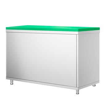 Szafka robocza ze stali nierdzewnej PREMIUM - 1200 x 600 mm - z drzwiami przesuwnymi - wraz z deską do krojenia w kolorze zielonym - Prime Gastro