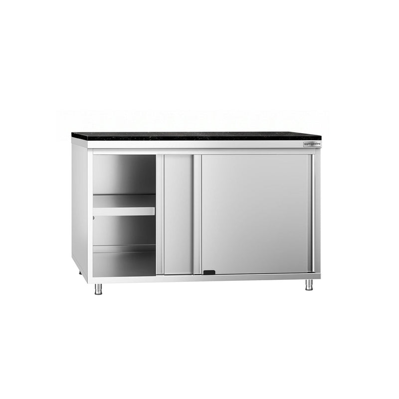 Szafka robocza ze stali nierdzewnej PREMIUM – 1200 x 800 mm – z drzwiami przesuwnymi – wraz z blatem granitowym