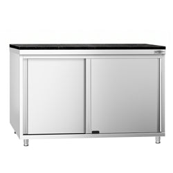 Szafka robocza ze stali nierdzewnej PREMIUM – 1200 x 600 mm – z drzwiami przesuwnymi – wraz z blatem granitowym