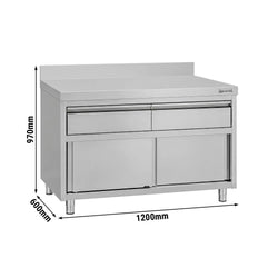Szafka robocza ze stali nierdzewnej ECO – 1200 x 600 mm – z obrzeżem – z 2 szufladami i drzwiami przesuwnymi