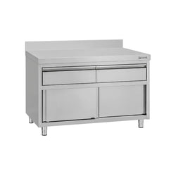 Szafka robocza ze stali nierdzewnej ECO – 1200 x 600 mm – z obrzeżem – z 2 szufladami i drzwiami przesuwnymi