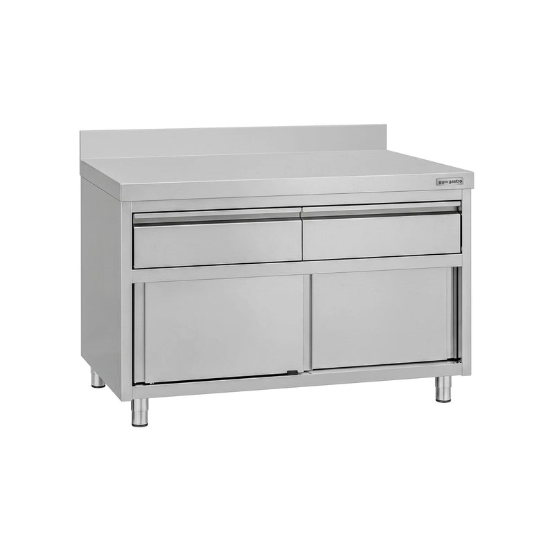 Szafka robocza ze stali nierdzewnej ECO – 1200 x 600 mm – z obrzeżem – z 2 szufladami i drzwiami przesuwnymi