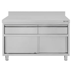 Szafka robocza ze stali nierdzewnej ECO – 1200 x 600 mm – z obrzeżem – z 2 szufladami i drzwiami przesuwnymi