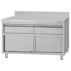 Szafka robocza ze stali nierdzewnej ECO – 1200 x 600 mm – z obrzeżem – z 2 szufladami i drzwiami przesuwnymi