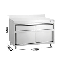 Szafka robocza ze stali nierdzewnej PREMIUM – 1200 x 600 mm – z obrzeżem – z 2 szufladami i drzwiami przesuwnymi