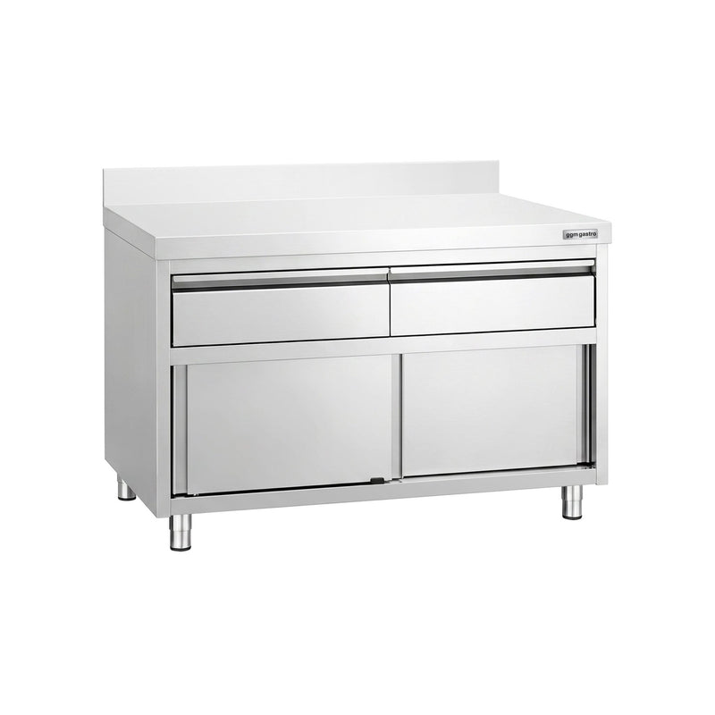 Szafka robocza ze stali nierdzewnej PREMIUM – 1200 x 600 mm – z obrzeżem – z 2 szufladami i drzwiami przesuwnymi