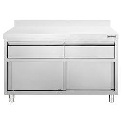 Szafka robocza ze stali nierdzewnej PREMIUM – 1200 x 600 mm – z obrzeżem – z 2 szufladami i drzwiami przesuwnymi