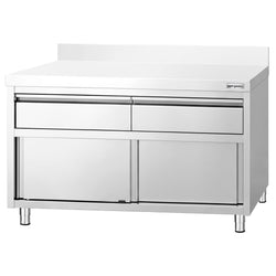 Szafka robocza ze stali nierdzewnej PREMIUM – 1200 x 600 mm – z obrzeżem – z 2 szufladami i drzwiami przesuwnymi