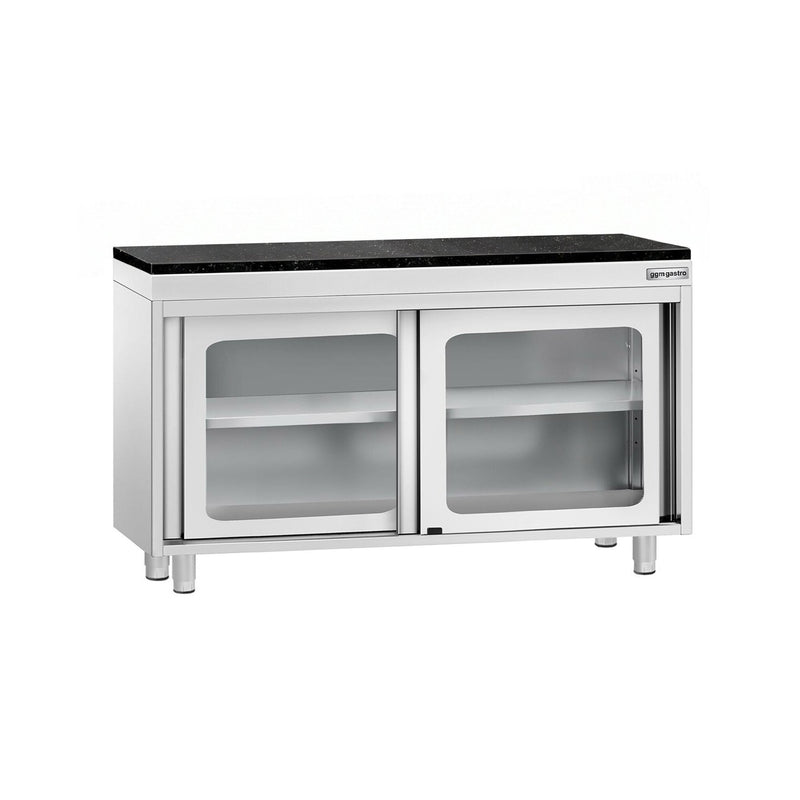 Szafka robocza ze stali nierdzewnej PREMIUM – 1200 x 700 mm – z przesuwanymi szklanymi drzwiami – wraz z blatem granitowym