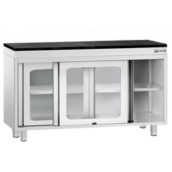 Szafka robocza ze stali nierdzewnej PREMIUM – 1200 x 600 mm – z przesuwanymi szklanymi drzwiami – wraz z blatem granitowym