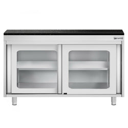 Szafka robocza ze stali nierdzewnej PREMIUM – 1200 x 700 mm – z przesuwanymi szklanymi drzwiami – wraz z blatem granitowym