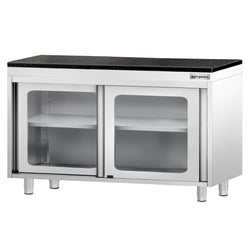 Szafka robocza ze stali nierdzewnej PREMIUM – 1200 x 700 mm – z przesuwanymi szklanymi drzwiami – wraz z blatem granitowym