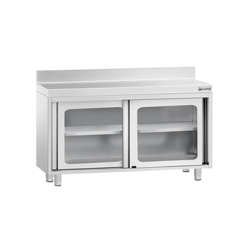 Szafka robocza ze stali nierdzewnej PREMIUM - 1200x700mm - z szklanymi drzwiami suwanymi, z rantem