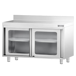 Szafka robocza ze stali nierdzewnej PREMIUM - 1200x700mm - z szklanymi drzwiami suwanymi, z rantem
