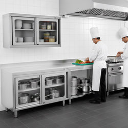 Szafka wisząca ze stali nierdzewnej – 1400 x 400 mm – z przesuwanymi drzwiami szklanymi – wysokość 650 mm
