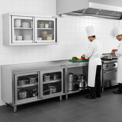 Szafka robocza ze stali nierdzewnej PREMIUM - 1400x700mm - z szklanymi drzwiami suwanymi